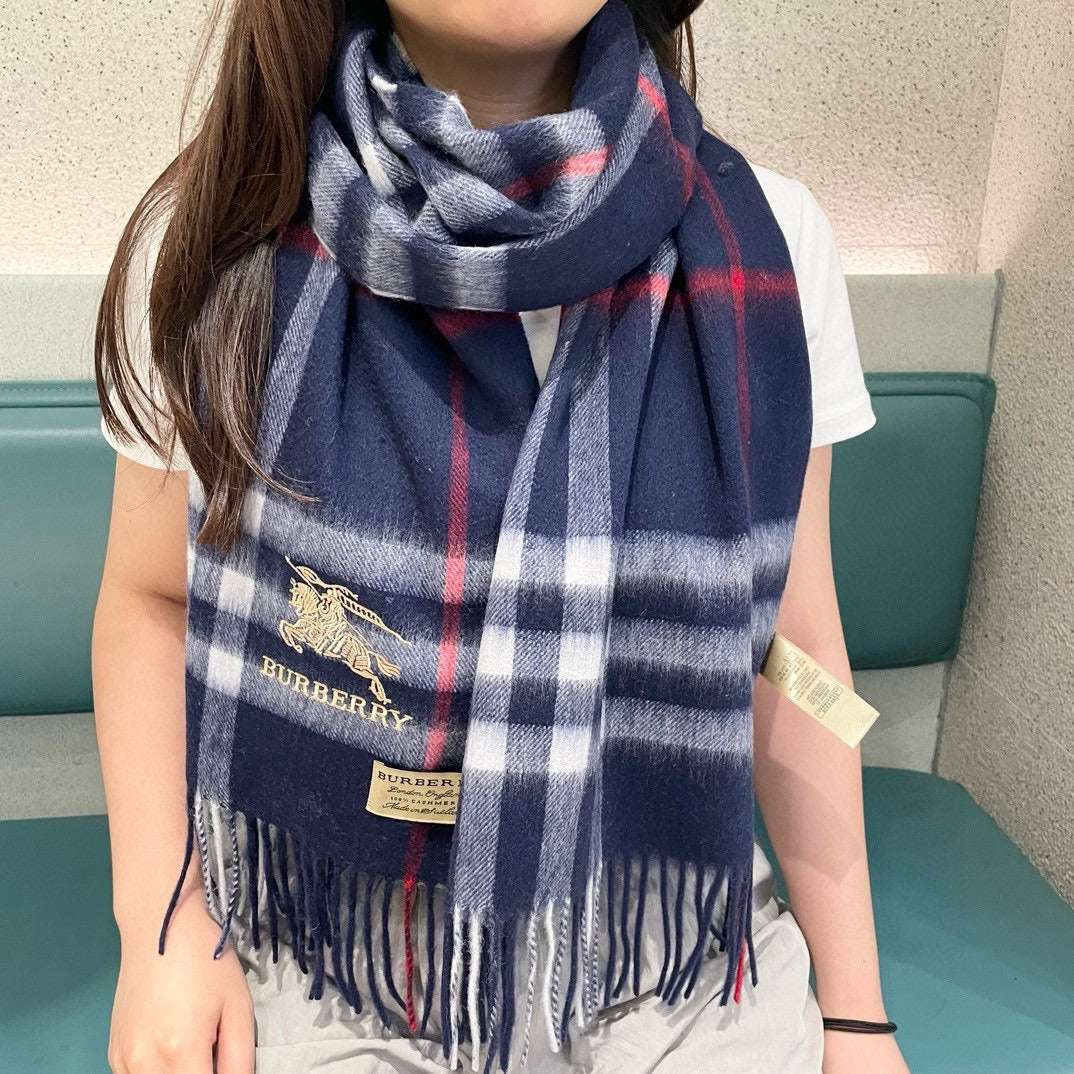 CHECK SCARF 180 CM IN INDIGO BLUE MIX WHITE CASHMERE 405480