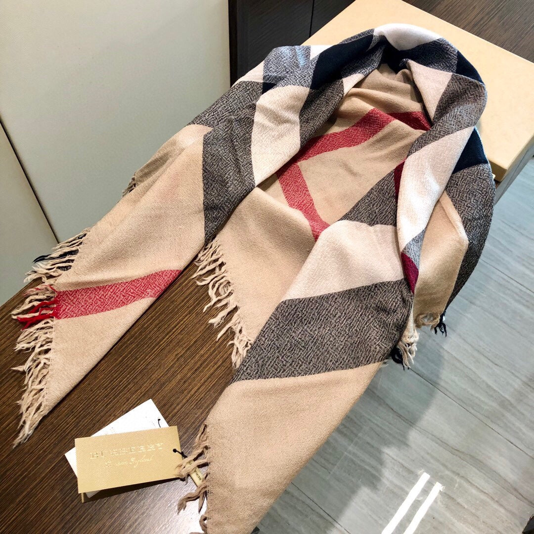 REVERSIBLE CHECK 140 CM WOOL SILK SCARF CAMEL BEIGE 408964