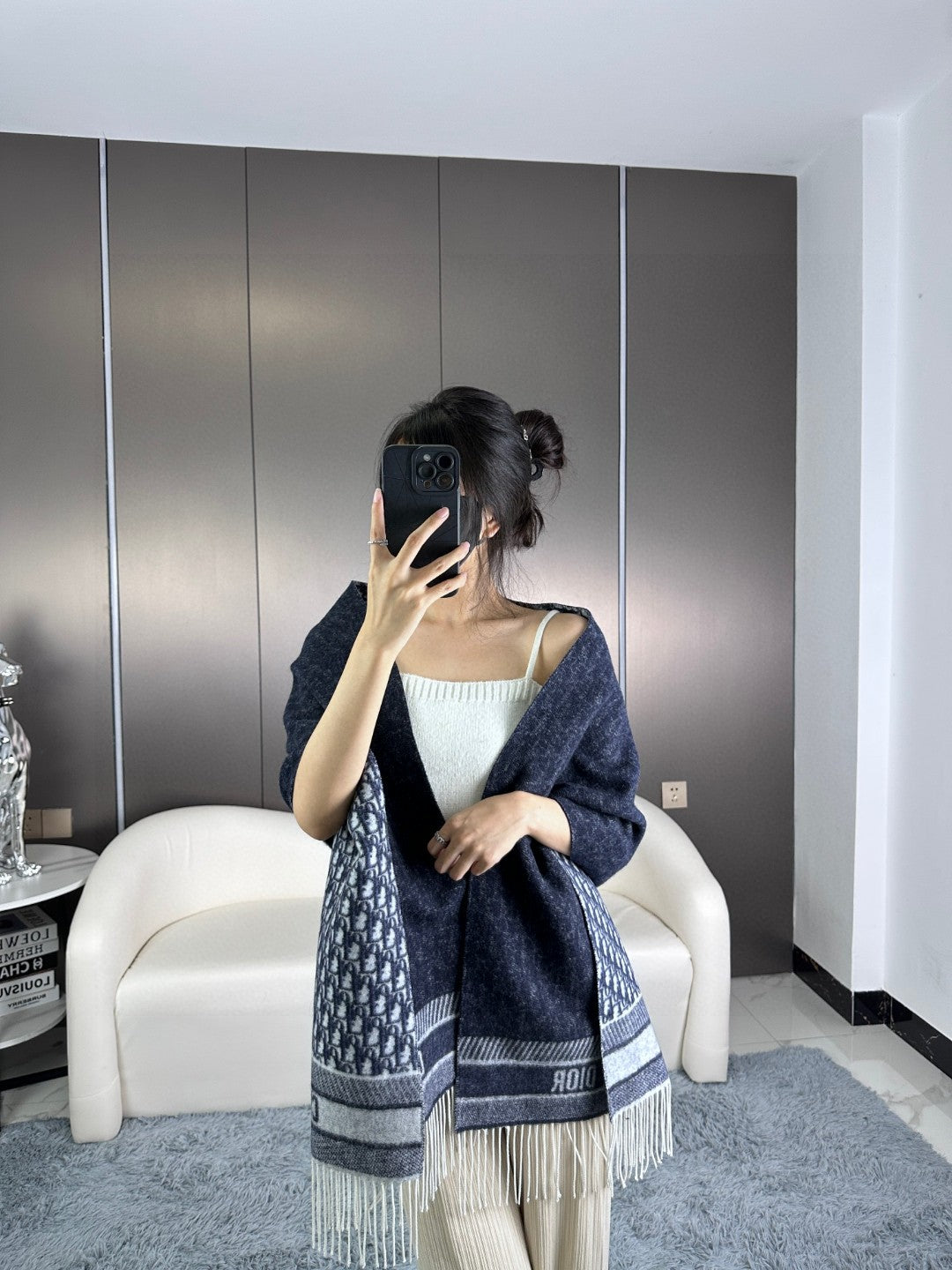 DIOR SCARF IN NAVY BLUE MONOGRAM CASHMERE 413719