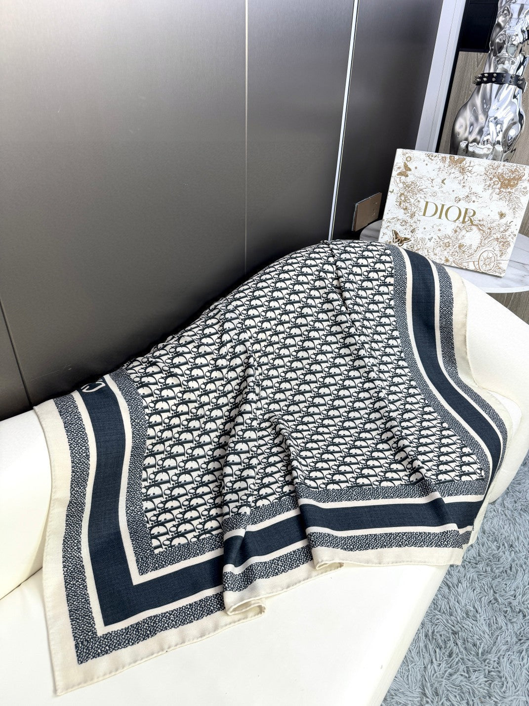 DIOR MONOGRAM SQUARE SCARF 140 CM IN BLACK MIX WHITE CASHMERE AND SILK 413742